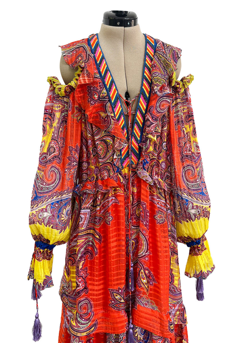 Recent Etro Gorgeous Printed Coral Ribbon Silk Chiffon Caftan Dress w Plunge Lace Up Neckline