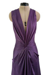 Minimalist Spring 2008 Alexander McQueen Purple Bias Cut Silk Dress w Front Plunge & Knot Detailing