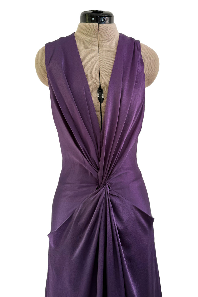 Minimalist Spring 2008 Alexander McQueen Purple Bias Cut Silk Dress w Front Plunge & Knot Detailing