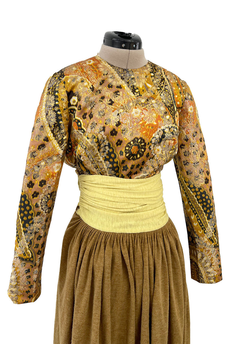 1970s Madame Gres Haute Couture Wide Leg Pant Set w Metallic Gold Part Open Tie Top