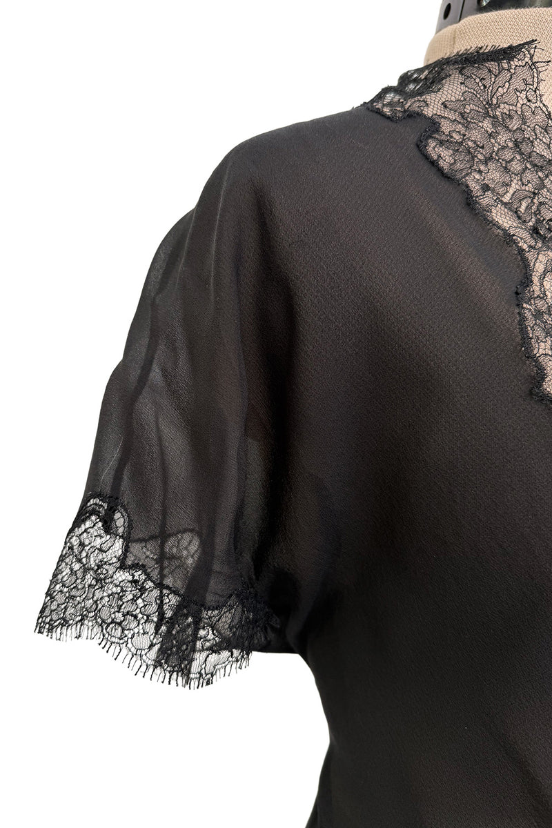 Beautiful mid-1980s  Emanuel Ungaro Haute Couture Black Silk Chiffon & Handmade Lace Wrap Top