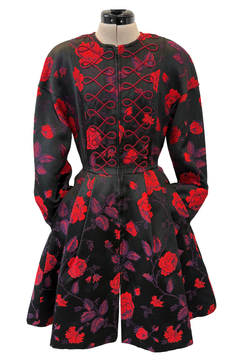 2000s Christian Lacroix Red Floral Brocade Dress or Jacket w Cording Detail