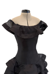 Gorgeous Spring 1992 Oscar de la Renta Runway Black Silk Organza Net Ruffled Off Shoulder Dress