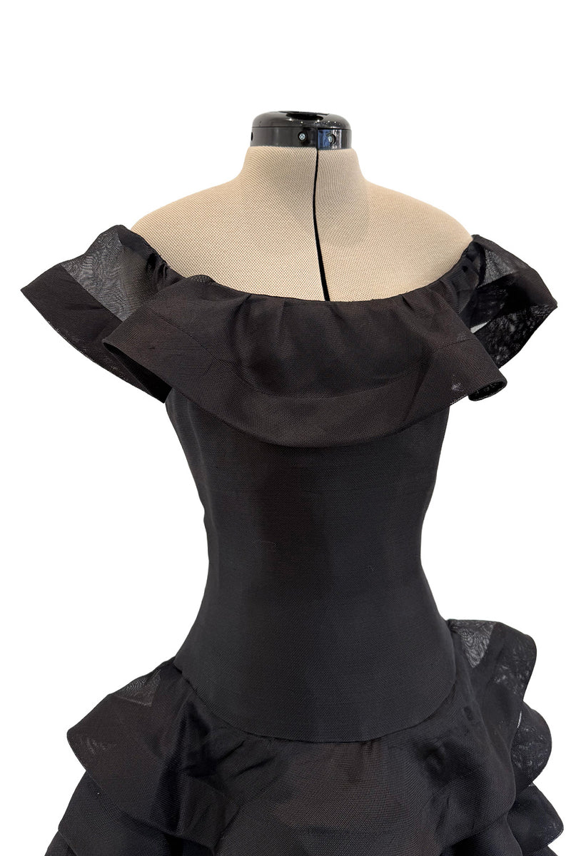 Gorgeous Spring 1992 Oscar de la Renta Runway Black Silk Organza Net Ruffled Off Shoulder Dress