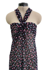 Sheer Fall 2024 Giorgio Armani Sample Deep Blue Net Dress w Embroidered Cotton Pink & Blue Flowers