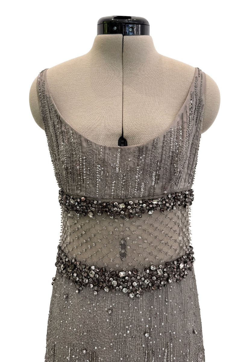 2010s Valentino by Pierpaolo Piccioli & Maria Grazia Chiuri Sequin & Rhinestone Embellished Deep Silver Silk Dress