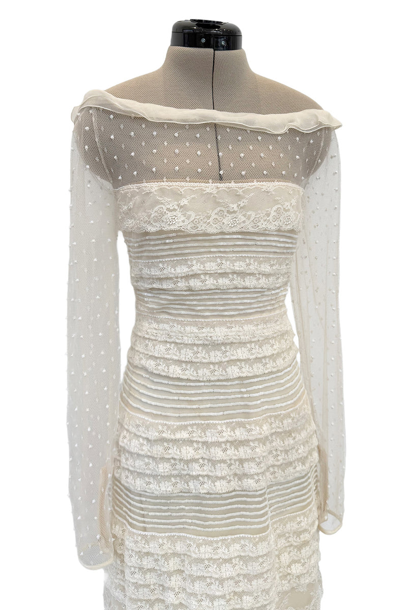 2012 Valentino by Pierpaolo Piccioli & Maria Grazia Chiuri Tiered Ivory Lace Net Dress w Sequin & Bead Detailing