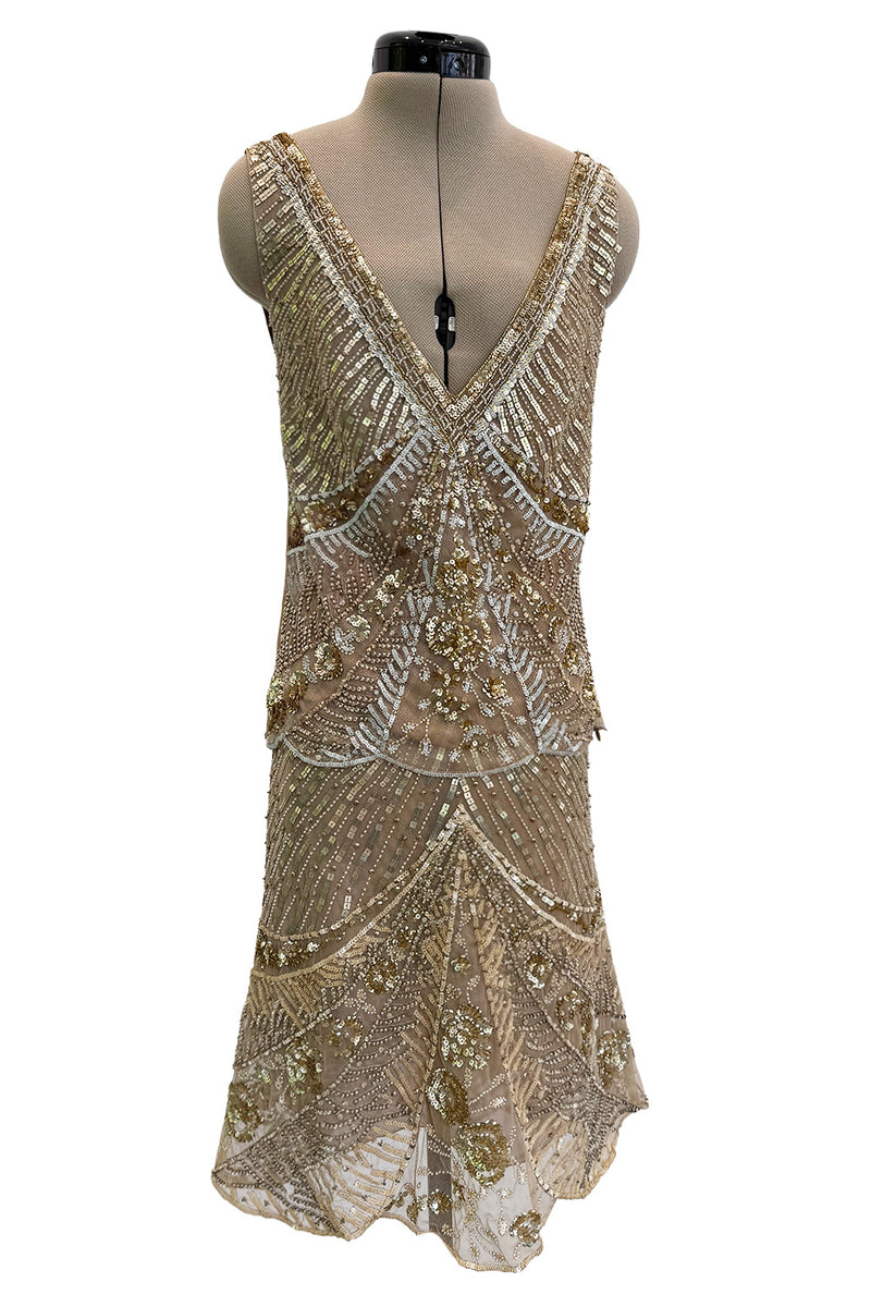 Prettiest 2000s Valentino Roma Metallic Gold Sequin & Bead Silk Chiffon on Netting Top and Skirt Set