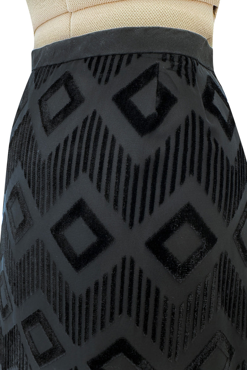 Prettiest 1960s Pierre Balmain Full Length Fused Velvet in Black Silk Geometric Pattern Skirt