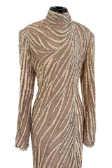 Incredible & Rare 1980s Bob Mackie Well Documented Ivory Sequin & Nude Stretch Net High Slit Dress