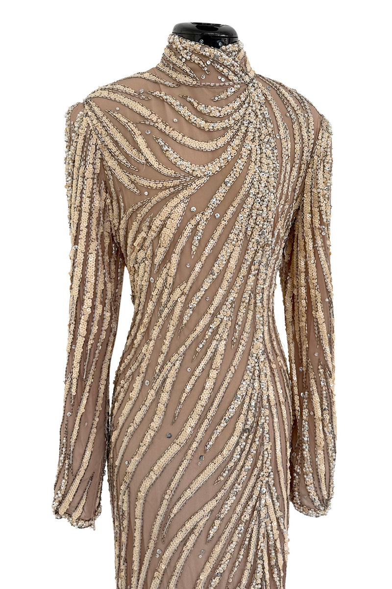 Incredible & Rare 1980s Bob Mackie Well Documented Ivory Sequin & Nude Stretch Net High Slit Dress