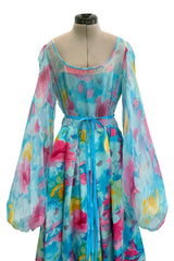 Prettiest 1970s Richilene Pastel Turquoise & Pink Floral Print Silk & Silk Chiffon Dress w Balloon Sleeves