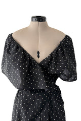 Dreamy 1981 Halston White Embroidered Dot on Black Wrap Off Shoulder Dress w Caped Neckline