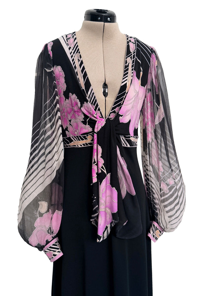 Prettiest 1970s Leonard Paris Printed Silk & Black Jersey Dress w