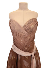 Dreamiest Fall 1989 Bob Mackie Runway Silk Chiffon w Metallic Leaf Print Underlay Strapless Dress