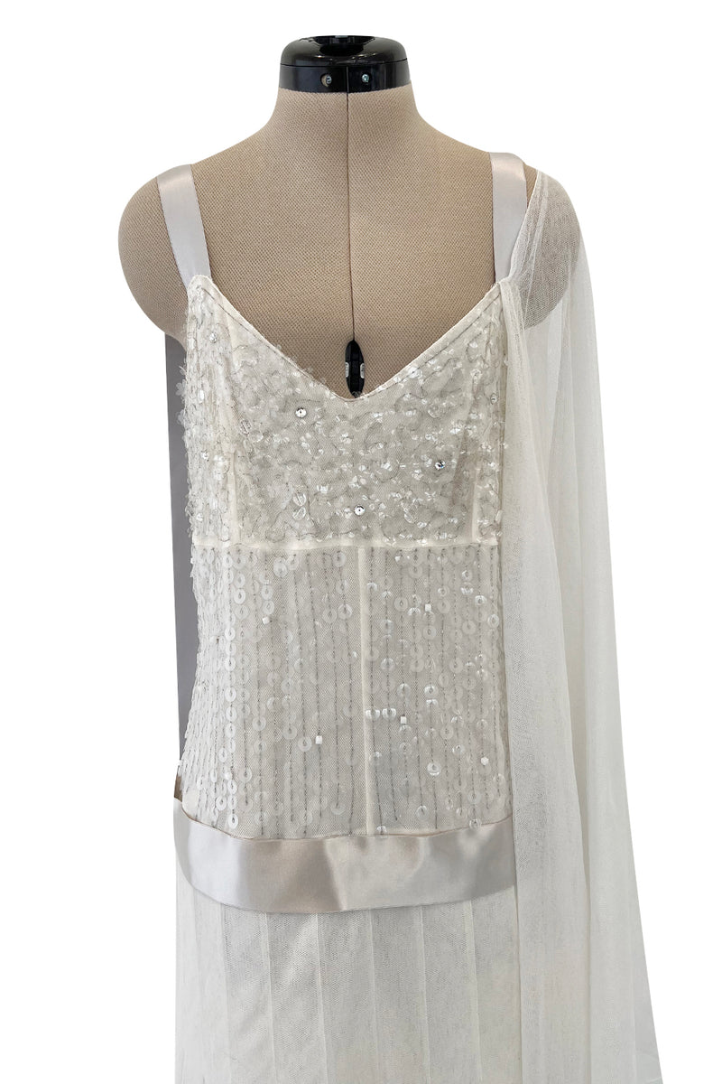 Stunning 2005 Chanel by Karl Lagerfeld White Sequin Detailed & Silk Tulle Dress w Ribbon Detail