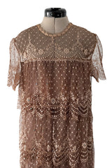 Prettiest 1960s Gold & Taupe Net Lace & Rhinestone Tiered Scalloped Edge Dress