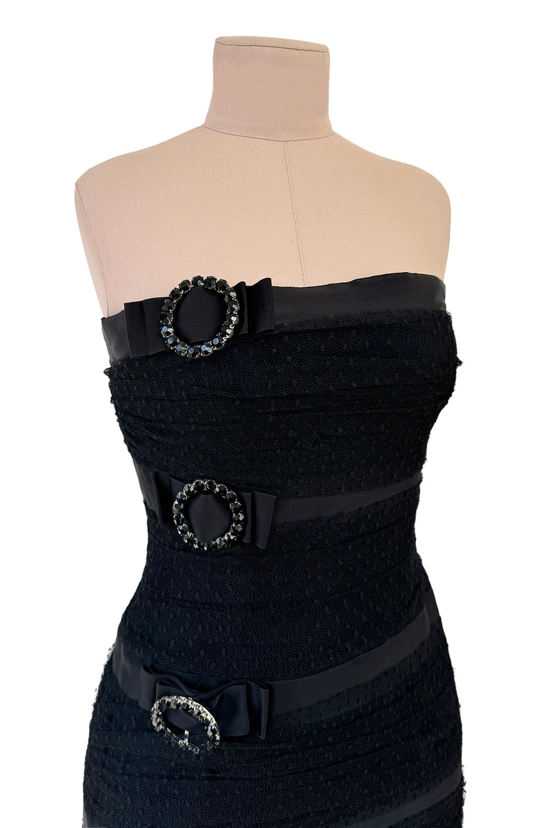 Fantastic Spring 1987 Yves Saint Laurent Strapless Dotted Silk Net Strapless Dress w Rhinestone Detail & Full Lower Skirts
