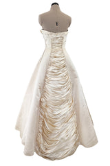 1950s Philip Hulitar Couture Strapless Gathered Front Champagne Ivory Silk Dress w Bow