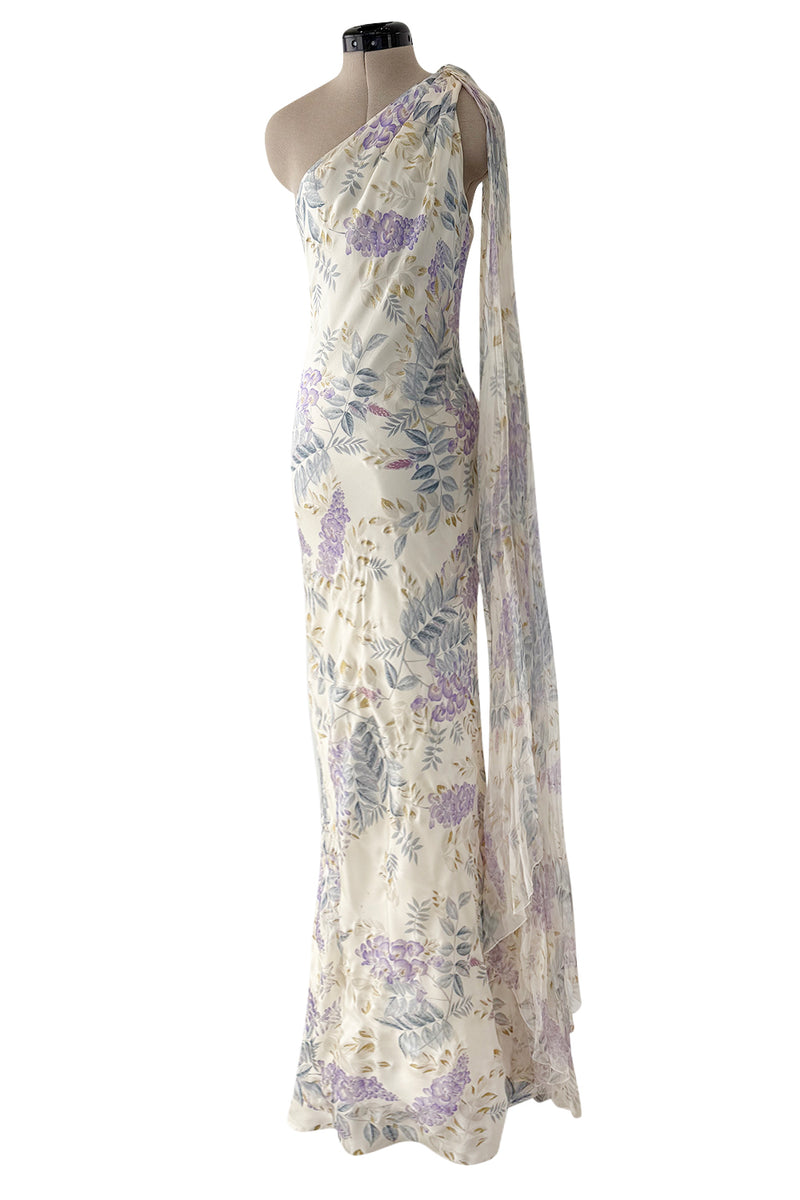 Gorgeous Fall 2003 Ungaro by Giambattista Valli One Shoulder Printed Silk Chiffon Dress w Trailing Panel
