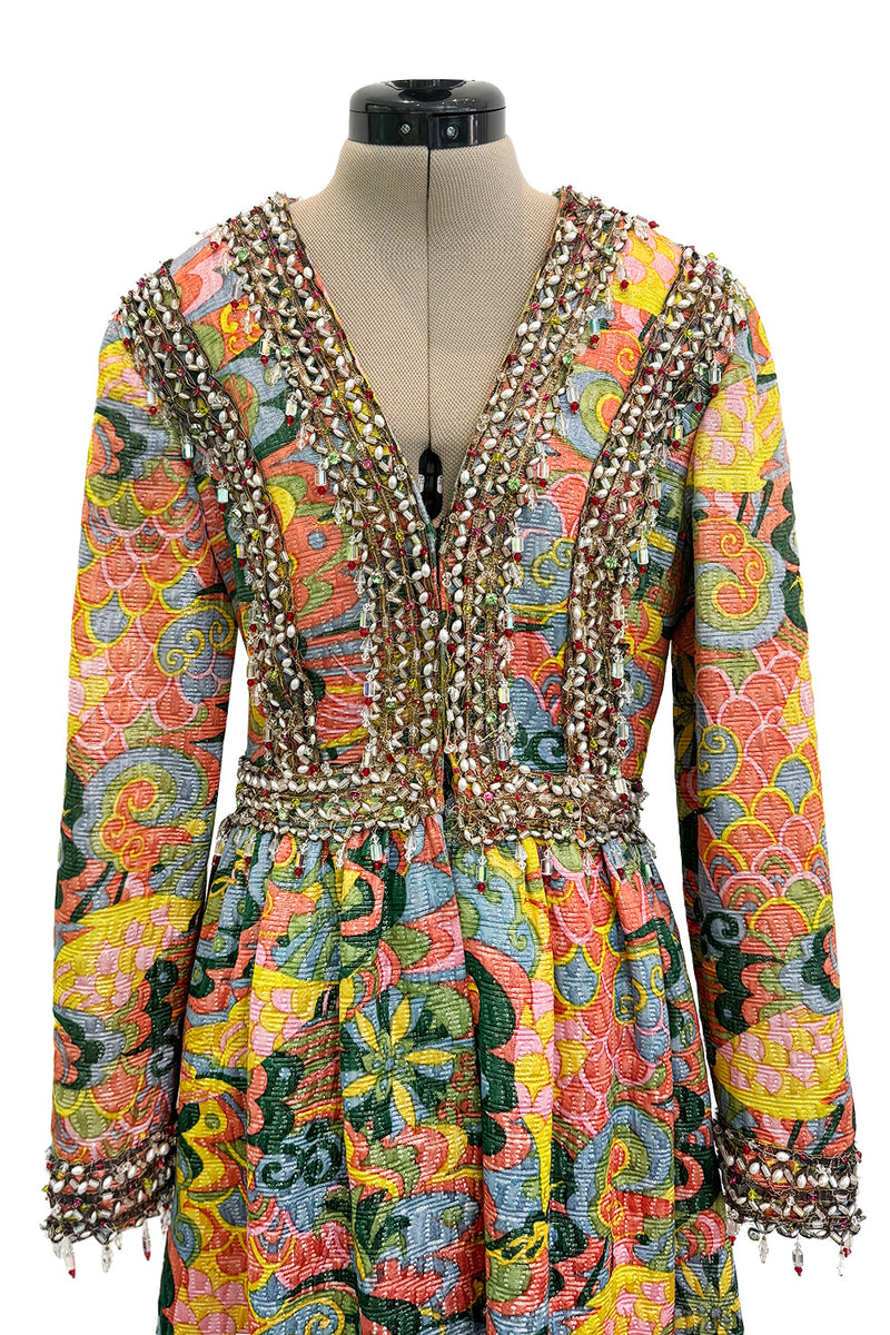 Wonderful 1968 Oscar de la Renta Gold Metallic Thread Silk Brocade Dress w Extensive Beadwork