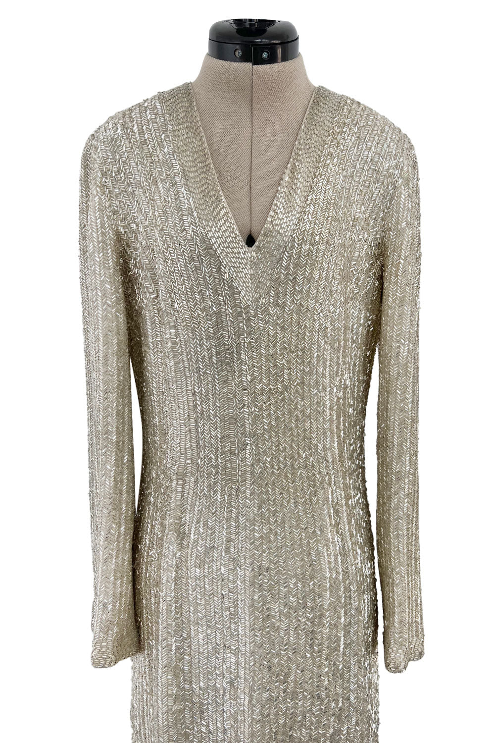 Feather Light Spring 1984 John Anthony Couture Plunging Ivory Lace Dress w Sequin Detailing