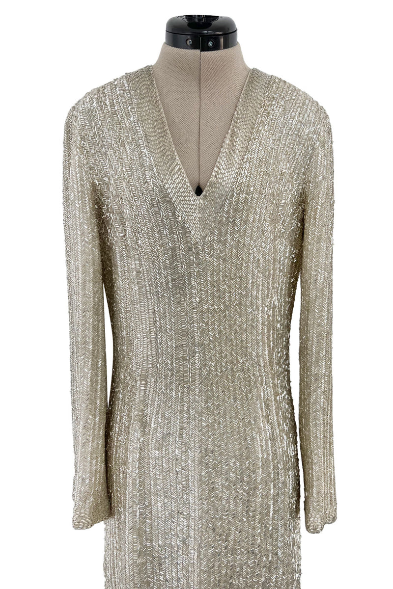 Extraordinary 1970s John Anthony Couture Ivory Silver Hand Beaded Runway Sample Dress