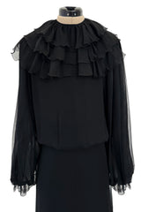 Superb Late 1970s James Galanos Multi Layer Black Silk Chiffon Dress w Removeble Ruffled Collar