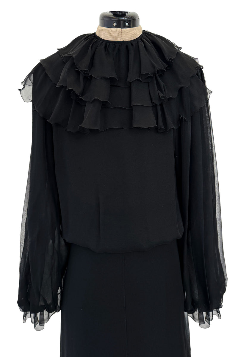 Beautiful 1970s James Galanos Couture Black Silk Chiffon Bias Cut Dress w Removeable Ruffled Collar