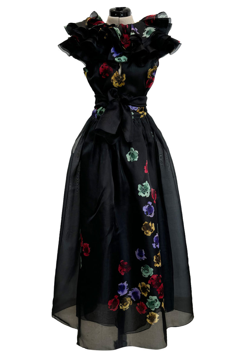 Spring 1981 Unlabeled Christian Dior Floral Print Silk Organza Dress w Ruffled Shoulders