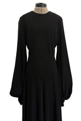 Exceptional 1970s George Stavropoulos Couture Black Silk & Bias Cut Dress w Balloon Sleeves & Flowing Skirt