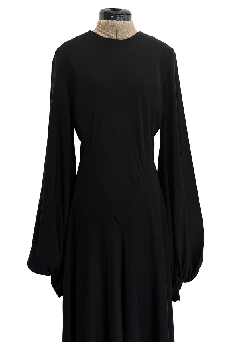Exceptional 1970s George Stavropoulos Couture Black Silk & Bias Cut Dress w Balloon Sleeves & Flowing Skirt