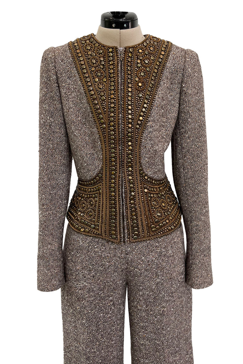 Documented & Rare Fall 2004 Alexander McQueen Tweed Pant Suit w Elaborately Embellished Jacket