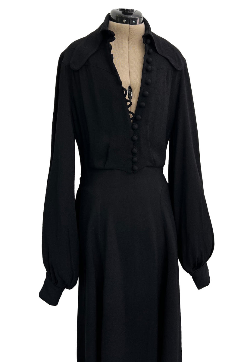 1969 Ossie Clark Bishop Sleeve Black Moss Crepe Dress w Button Front & Dog Ear Collar