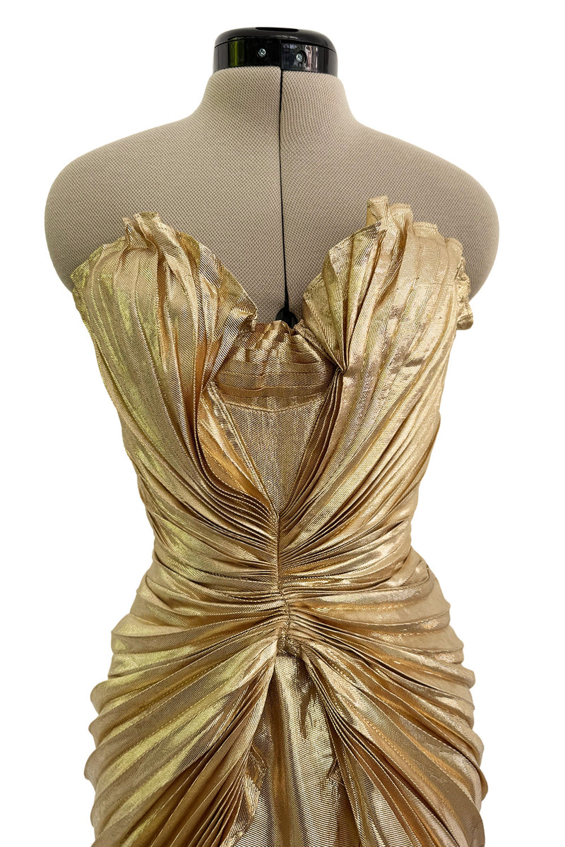 Outstanding Spring 1986 Thierry Mugler Pleated Metallic Gold Lurex Pleated Strapless Bodice 'Shell' Dress