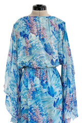 Dreamy 1970s Pierre Cardin Blue Floral Print Silk Chiffon Dress w Long Angel Sleeves