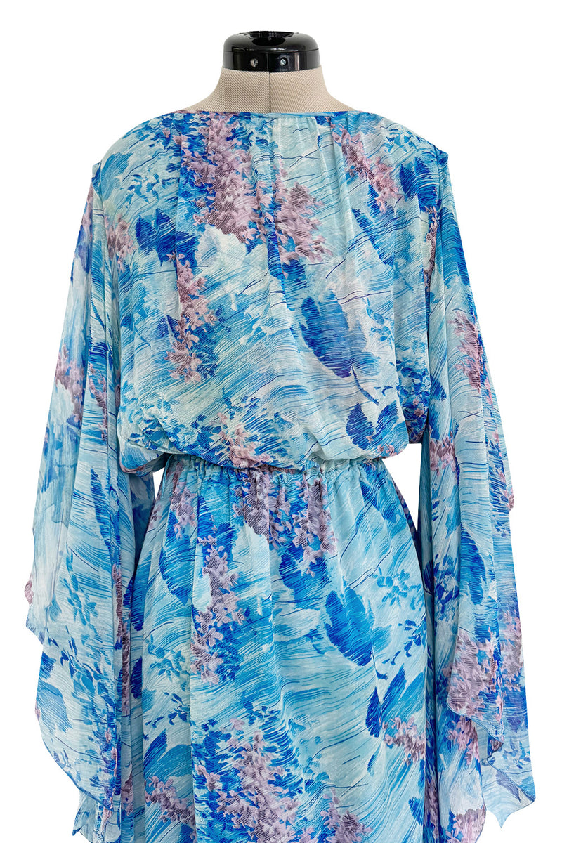 Dreamy 1970s Pierre Cardin Blue Floral Print Silk Chiffon Dress w Long Angel Sleeves