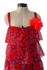 Gorgeous 1970s Givenchy Blue & Red Dot Tiered Silk Organza Ruffle Dress