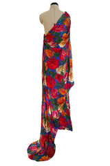 Exquisite Fall 1997 Yves Saint Laurent Brilliant Multi Floral Printed Silk Chiffon Bias Cut & Draped One Shoulder Dress