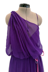 Spring 2001 Christian Dior by John Galliano Purple Silk Chiffon One Shoulder dress w Matching Pink & Red Floral Tie Belt