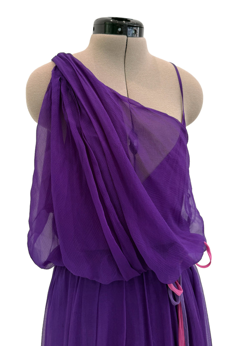 Spring 2001 Christian Dior by John Galliano Purple Silk Chiffon One Shoulder dress w Matching Pink & Red Floral Tie Belt