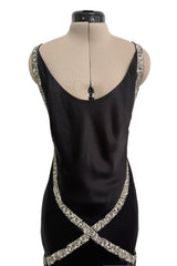 Outstanding Fall 2004 Alexander McQueen Bias Cut Black Silk Dress w Bare Back & Silver Thread Ribbon Detailing