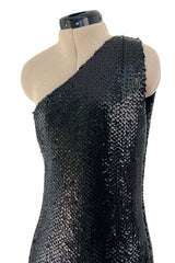 Museum Held 1974 Bill Blass One Shoulder Glossy Black Sequin Dress w Asymetrical Fringe Hem
