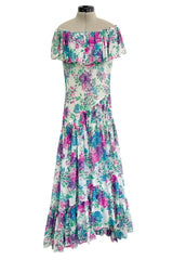 Prettiest Spring 1980 Yves Saint Laurent Floral Cotton Gauze Wide Shoulder Dress w Matching Tie Belt