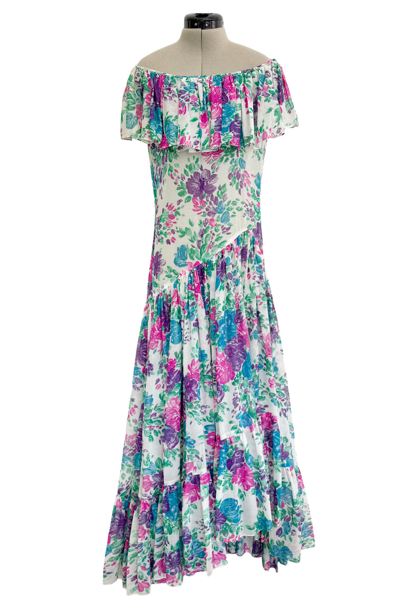 Prettiest Spring 1980 Yves Saint Laurent Floral Cotton Gauze Wide Shoulder Dress w Matching Tie Belt
