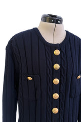 Fantastic 1980-90s Louis Feraud Deep Blue Cable Knit Cardigan Sweater w Metal Gold Tone Buttons