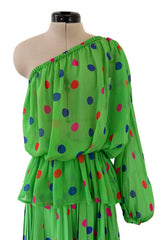 Demi-Couture Spring 1989 Nina Ricci Runway Dotted Silk Skirt & Silk Chiffon One Shoulder Top Set