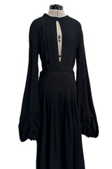 1971 Ossie Clark Couture "Come Fly With Me" Black Moss Crepe Open Back Wrap Dress w Huge Sleeves