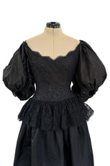 Romantic 1980s Oscar de la Renta Backless Black Silk & Lace Dress w Killer Pouf Sleeves