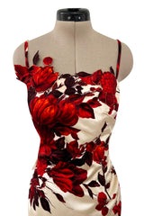 Rare & Beautiful 1950s Philip Hulitar Couture Dress w Fused Velvet Roses on a Rich Ivory Silk